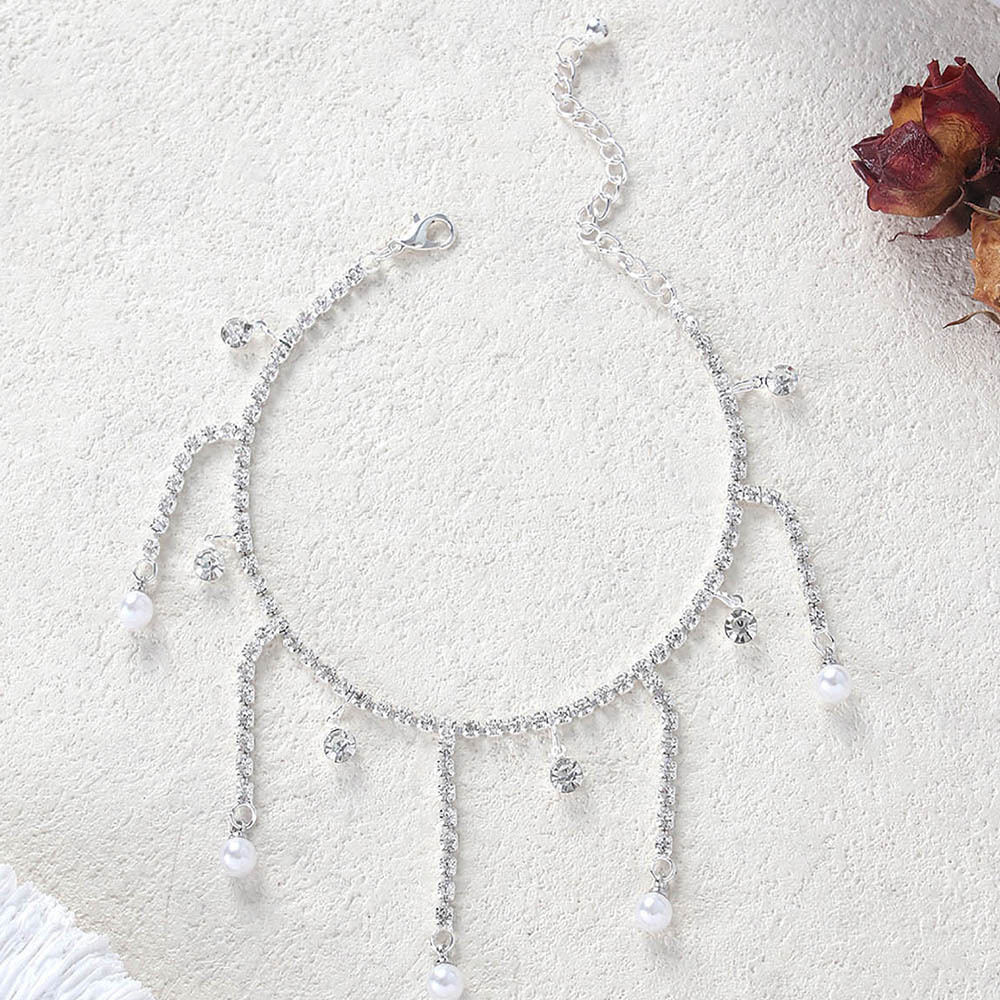 Glamyug Rhinestone Pearl Tassel Anklet – Beach Style Shiny Foot Ornament for Women - Image 0