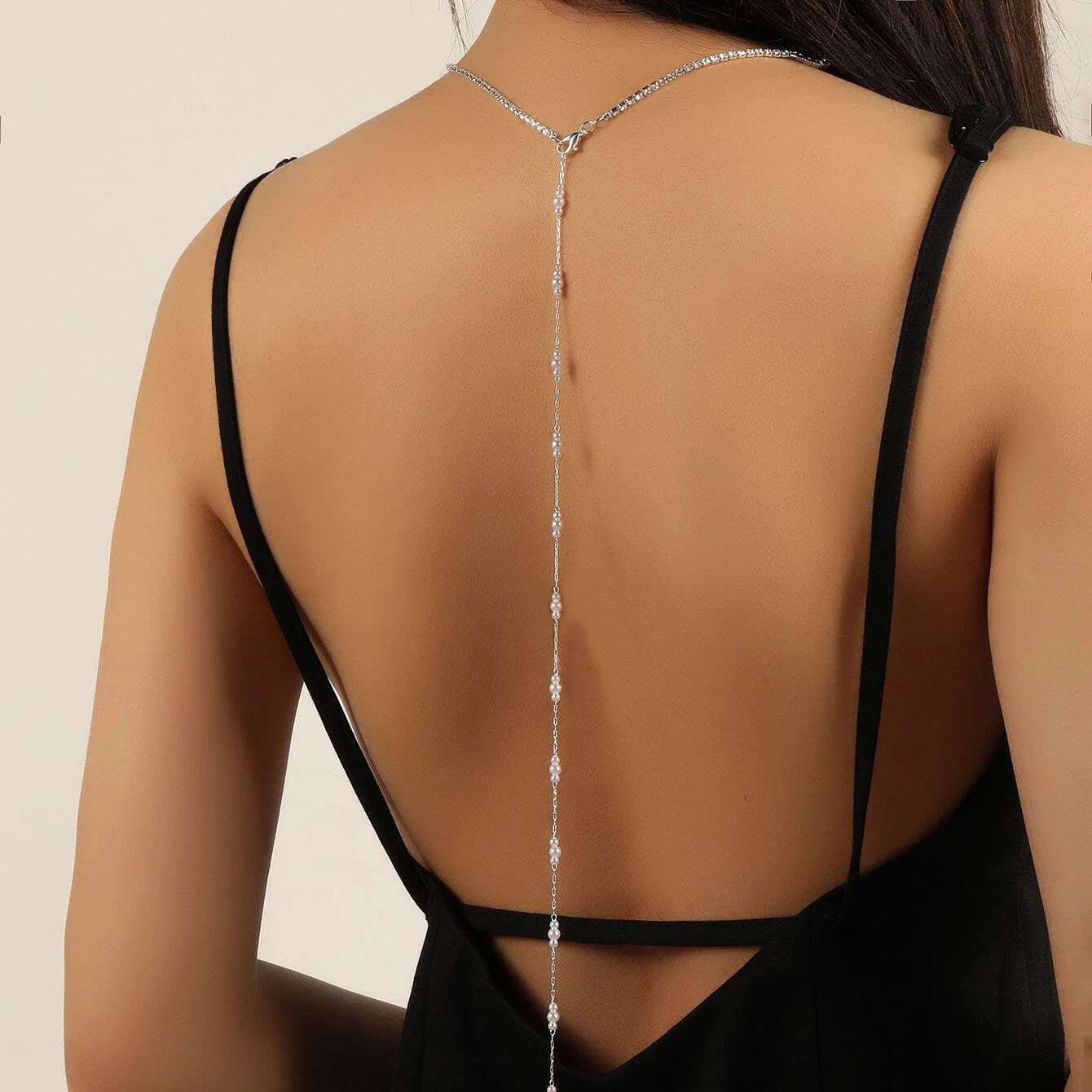 Glamyug Women's Gold Back Necklace – Rhinestone & Faux Pearl Body Jewelry, One-Size - Image 0