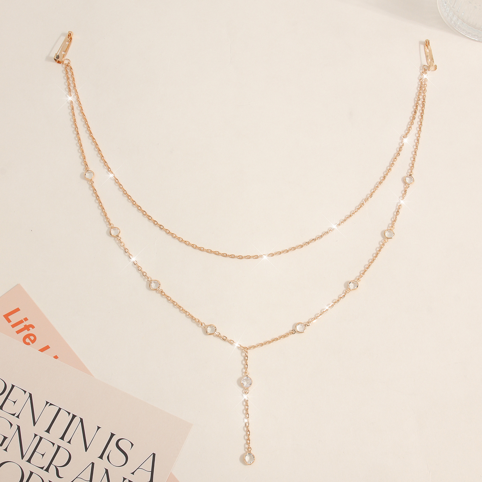 Glamyug Gold Multi-Layer Rhinestone Water Drop Back Chain – Elegant Back Necklace for Women - Image 0