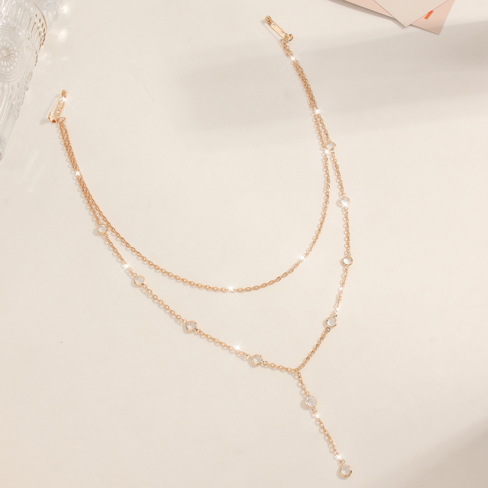 Glamyug Gold Multi-Layer Rhinestone Water Drop Back Chain – Elegant Back Necklace for Women - Image 0