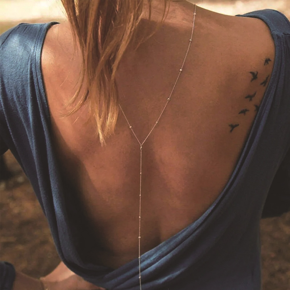 Glamyug Simple Diamond Silver Back Chain Necklace | Extra Long Y Style | Bridal & Wedding Backdrop Jewelry for Women & Girls - Image 0