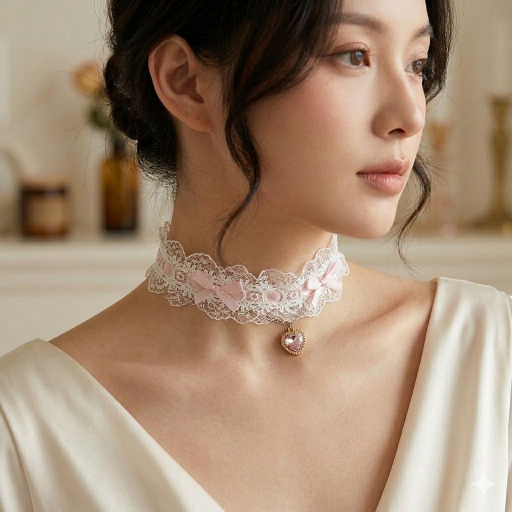Lace Bow Choker Necklace for Women (Pink)