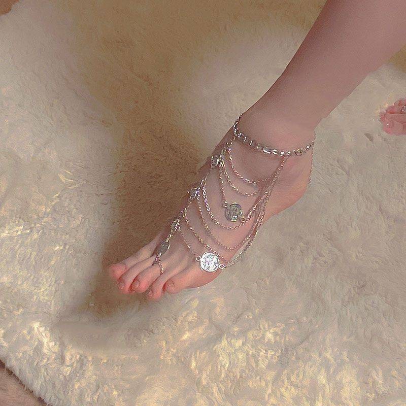 Glamyug Retro Multi-Layer Tassel Anklet – Palace Style Metal Chain Foot Ornament for Women - Image 0