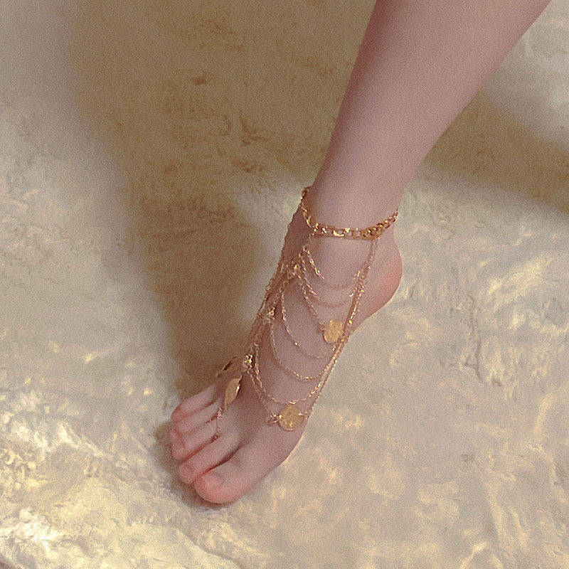 Glamyug Retro Multi-Layer Tassel Anklet – Palace Style Metal Chain Foot Ornament for Women - Image 0