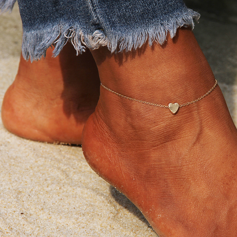 Glamyug Heart Anklet – Simple Alloy Beach Foot Ornament, Trendy European & American Fashion Jewelry for Women