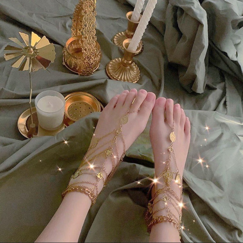 Glamyug Retro Multi-Layer Tassel Anklet – Palace Style Metal Chain Foot Ornament for Women